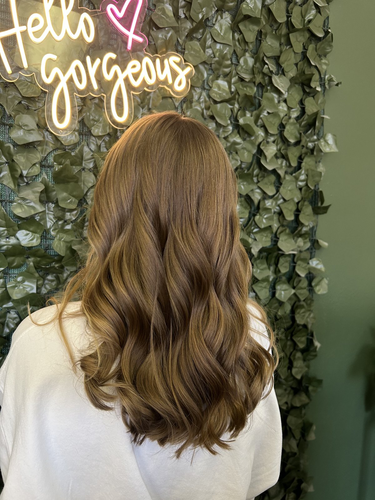 Warm caramel balayage waves at the signature backdrop.